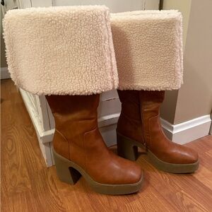 EUC ShoeDazzle Brown faux Leather Boots with Shearling Cuff